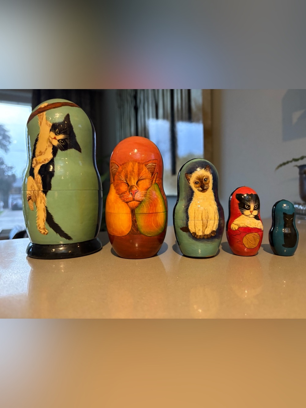 Unique Vintage Hand-Painted Cat Matryoshka Nesting Dolls - Moscow, Russia
